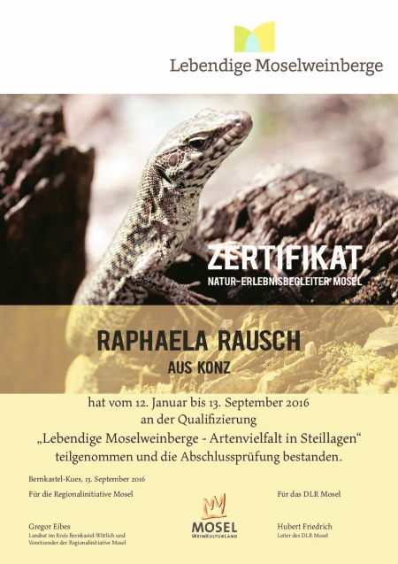 Bild vom Zertifikat Natur-Erlebnisbegleiter Mosel für Raphaela Rausch